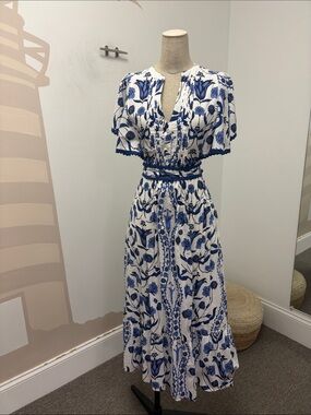 NWT Blue Floral Midi Dress - tie at waist